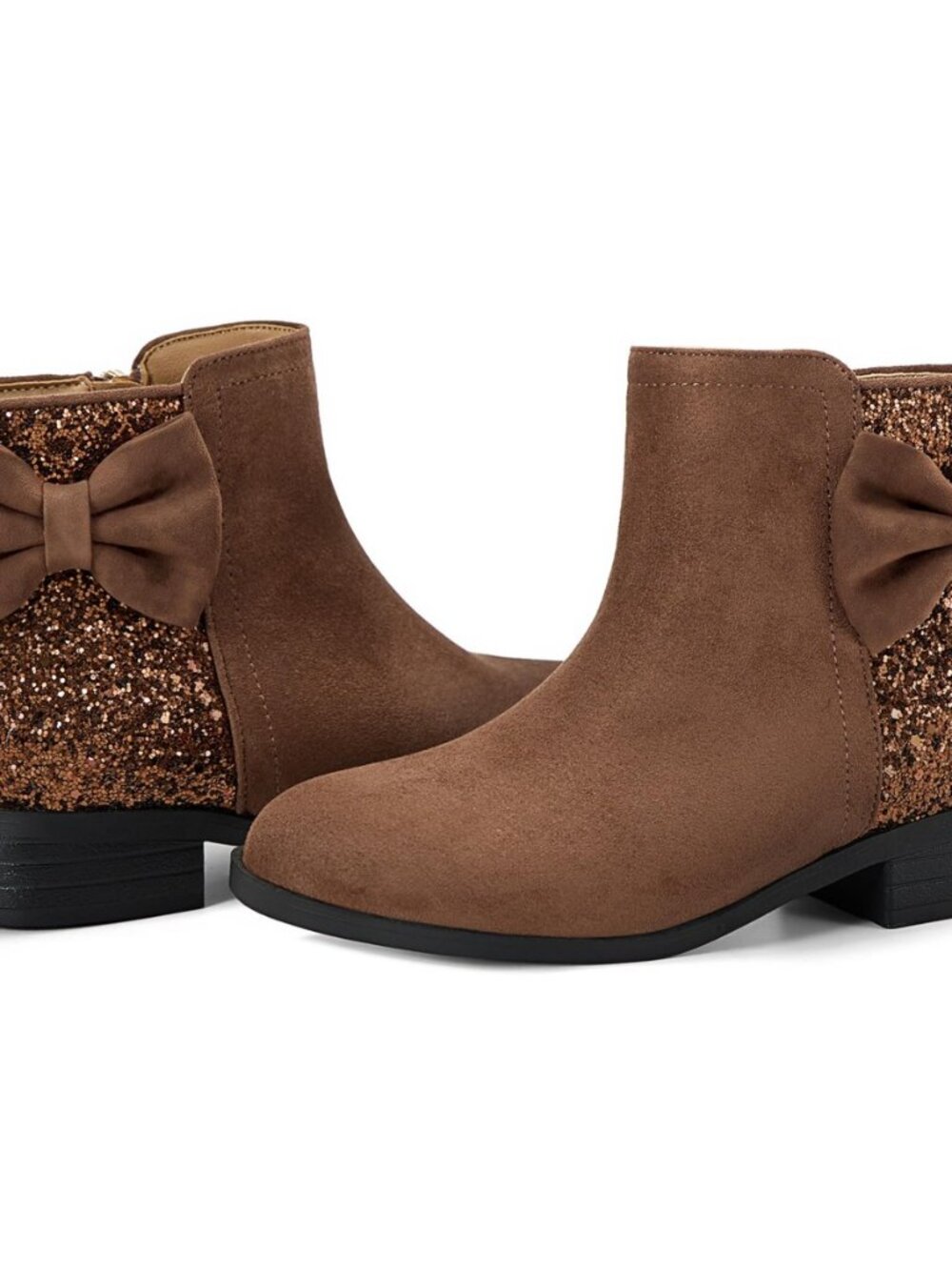 Girls Bow Glitter Ankle Boots Side Zipper Low Heel Dress Shoes
